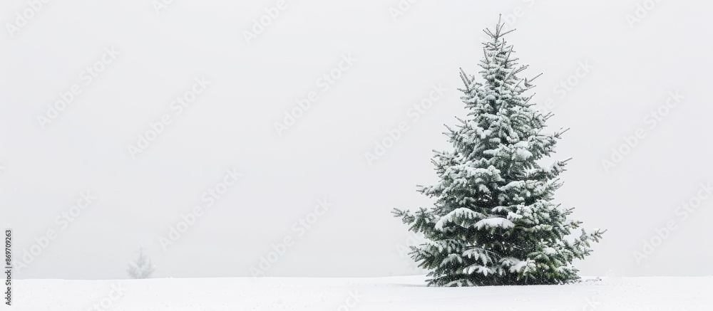 Leinwandbilder A Christmas fir tree covered in snow standing alone on a white backdrop with empty space for text or images.