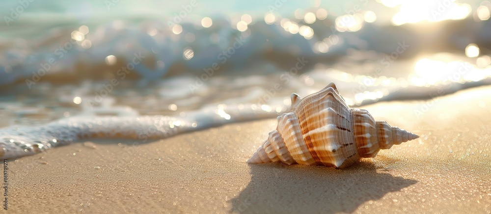 Poster seashell on the sandy shore with copy space image available.