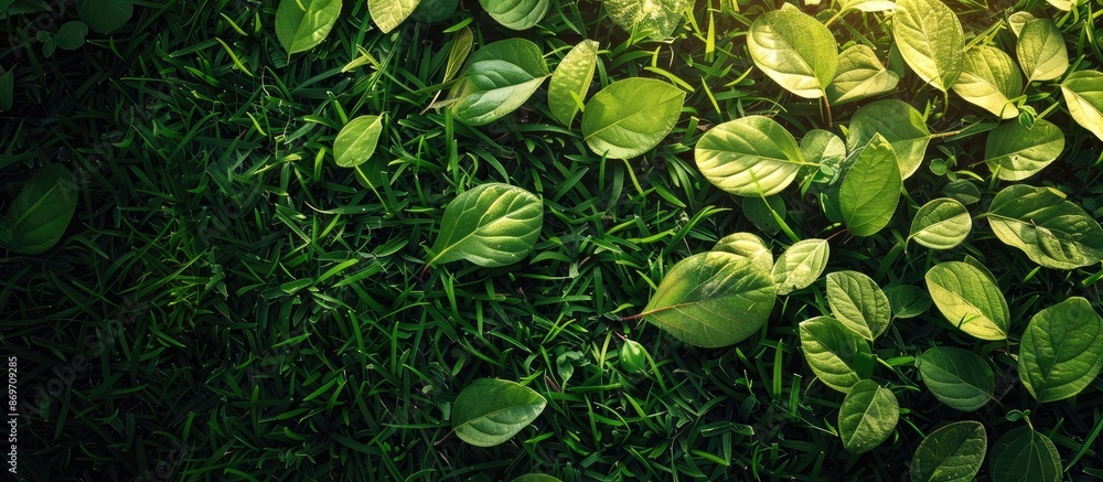 Poster Green leaves scattered on the lush green grass, creating a serene and refreshing environment with ample copy space image.