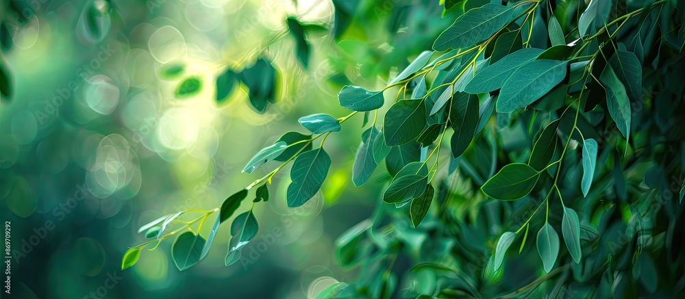 Poster eucalyptus leaves in green shade with a copy space image.