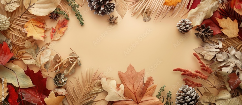Poster seasonal arrangement showcasing a variety of dried leaves and decorations on a table in a flat lay t
