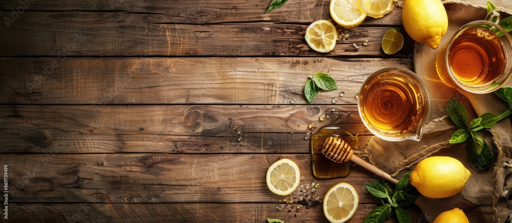 Poster wooden table with copy space image featuring lemon honey tea.