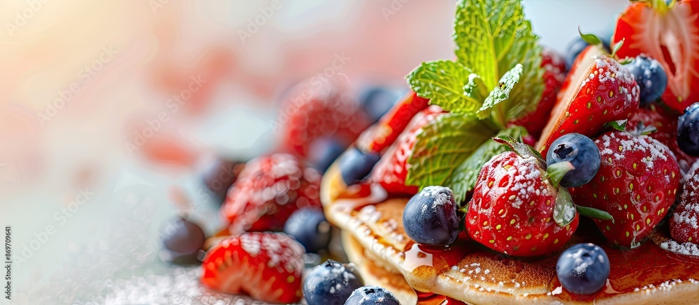 Poster close-up of scrumptious pancakes topped with strawberries, blueberries, and fresh mint on a bright t