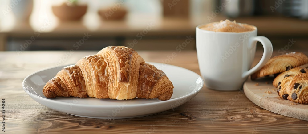 Aufkleber A croissant and a cookie are displayed on a plate on the table with a copy space image available.