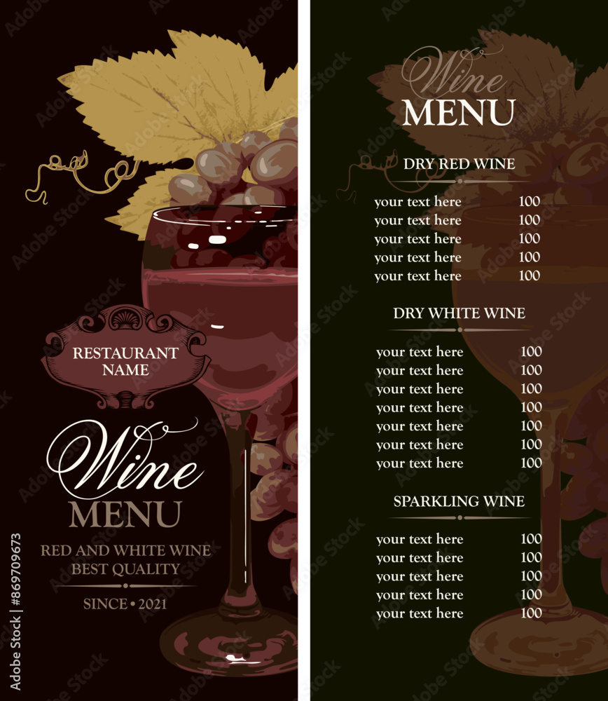 Poster vector wine menu template with price list for a restaurant or bar with a glass of dry red wine and a