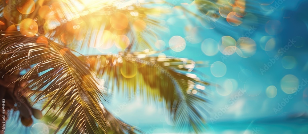 Poster Blurred coconut tree with the sunlit blue sky and bokeh effects in the background, creating a serene copy space image.