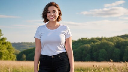 Plus size teenage girl with short hair wearing white t-shirt and black jeans standing in nature