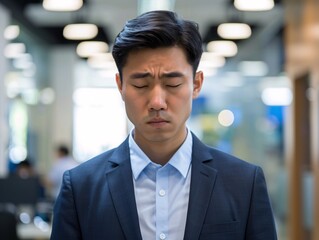 Sad Asian man sitting at his desk in the office. Artificial intelligence. 