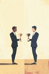 Fototapeta premium Two businessmen holding trophies, equal opportunity