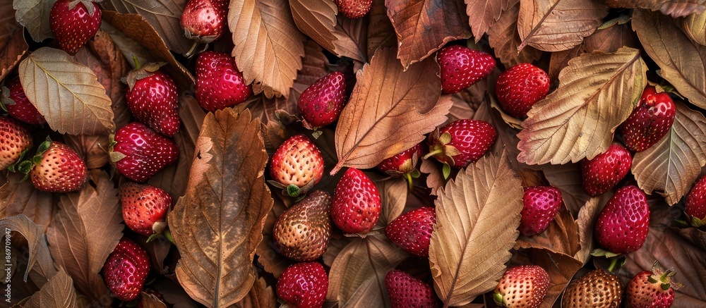 Poster strawberries arranged on a backdrop of dry leaves with copy space image.