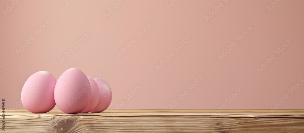 Poster Pink Easter eggs displayed on a wooden table, set against a neutral beige backdrop, with ample space for adding text in the image.