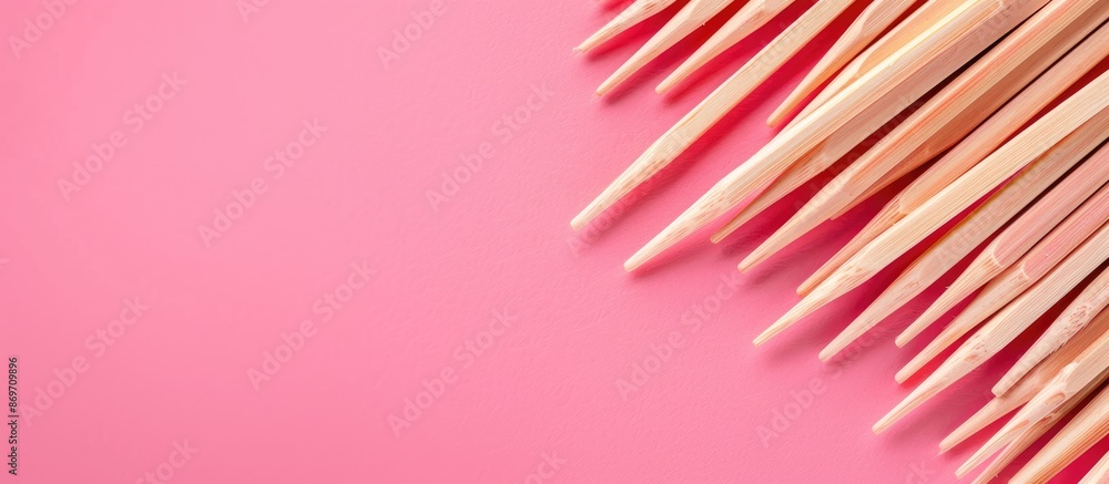 Poster toothpicks made of wood placed on a pink backdrop with copy space image.