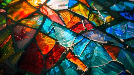 Colorful Reflections in Broken Glass: A broken window with colorful reflections of stained glass fragments scattered around it.
