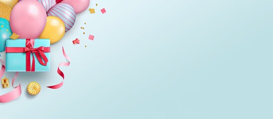 A birthday-themed horizontal layout with colorful round plates, ribbons, and cute decorations against a pastel blue background for commercial purposes, focusing on close-up details. Copy space image.