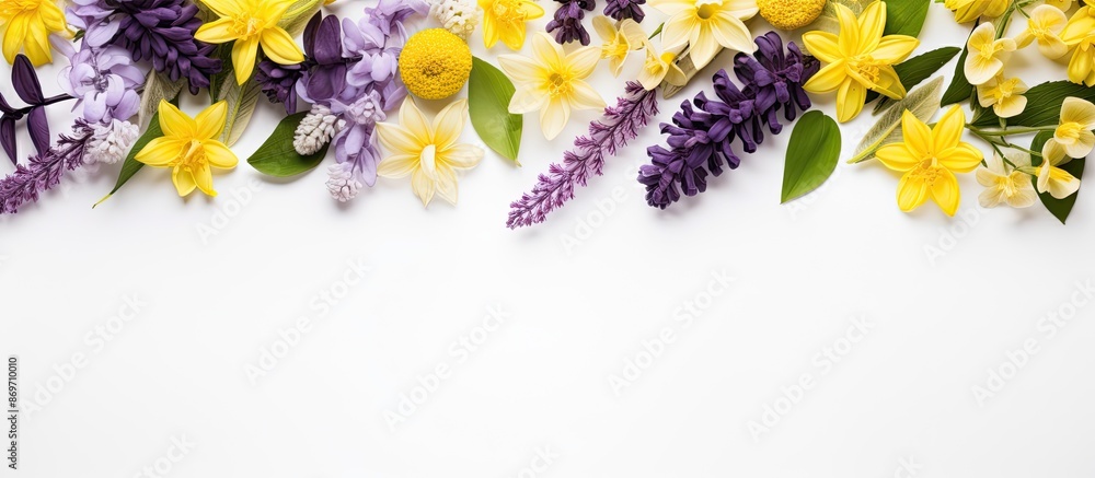 Poster a spring-themed flat lay arrangement with yellow and purple flowers on a white background, represent