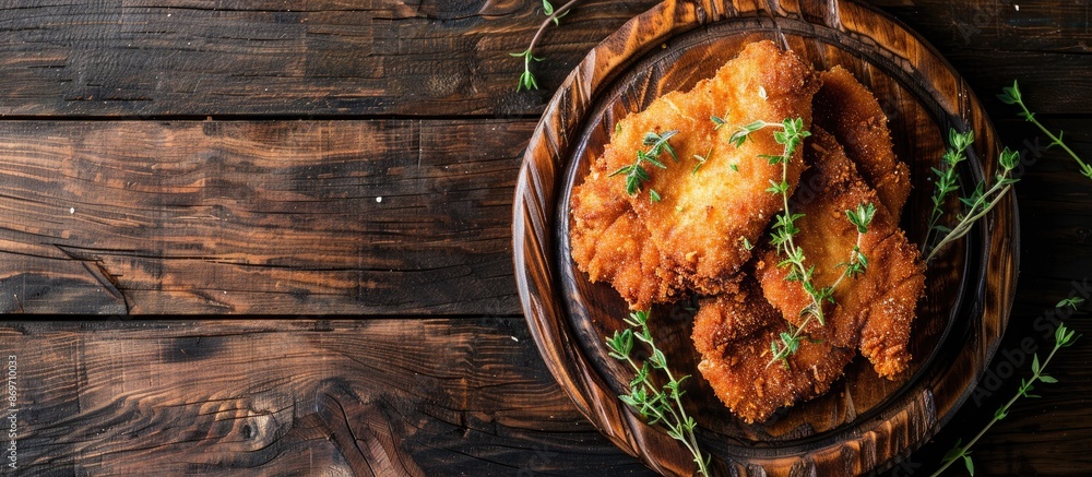 Poster View from above of a fresh Wiener schnitzel with breadcrumbs on a wooden board, garnished with thyme on a rustic wooden surface, displaying copy space image.