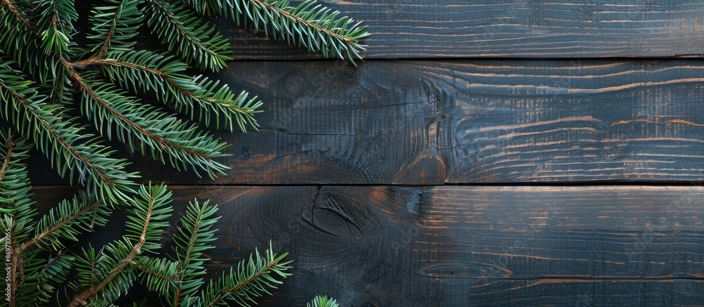 Poster a festive arrangement featuring christmas pine tree branches on a dark wooden table offers space for