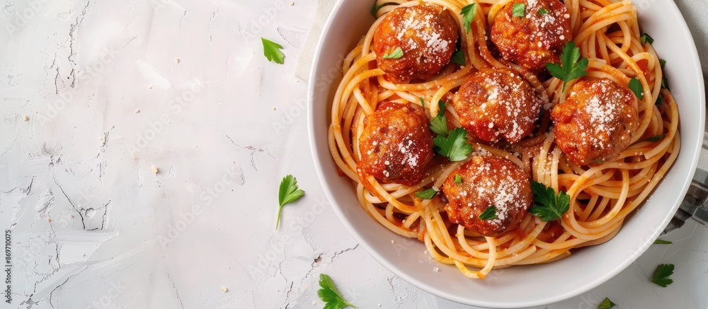 Poster a dish of pasta and meatballs, sprinkled with parmesan over a clear isolated background with space f