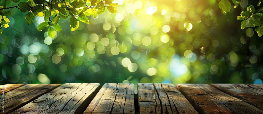 Poster Abstract blurred green tree bokeh in the background of a wooden table with copy space image.