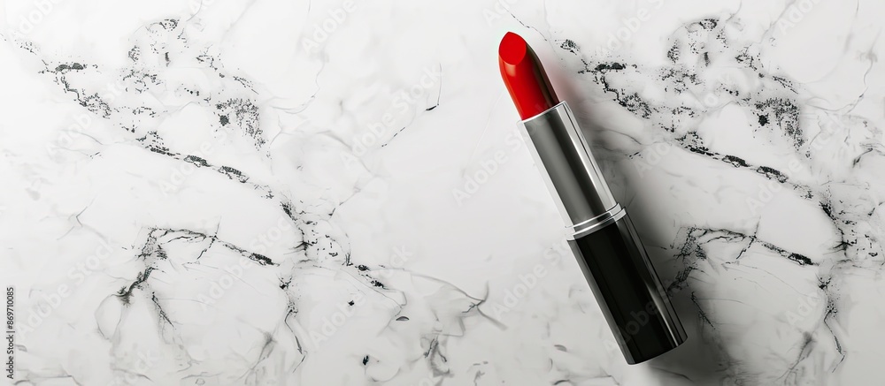Poster an ideal composition for advertising cosmetics featuring a red lipstick in a black and silver tube, 