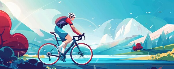 Fototapeta premium A man is riding a bicycle on a sunny day. The sky is blue and the sun is shining brightly. Free copy space for text.