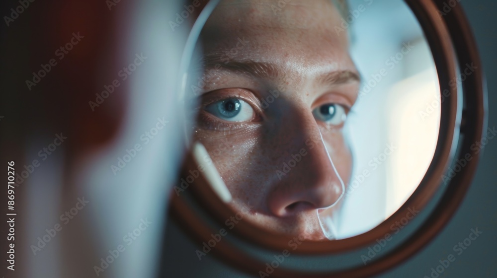 Poster closeup of a smart mirror with a wooden frame and a builtin magnifying feature showing the reflectio