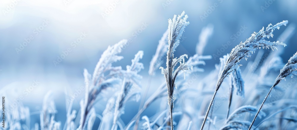 Aufkleber winter frost decorating grass in the background of a copy space image.