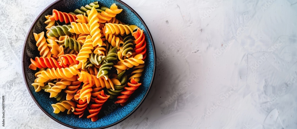 Poster ample copy space surrounds a vibrant array of spiral pasta in a blue bowl placed on a white surface.