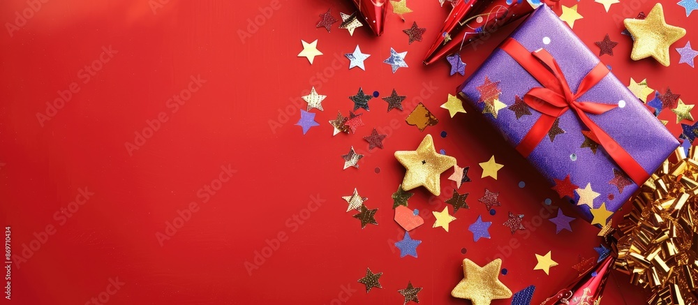 Poster golden and purple star-shaped confetti and a wrapped present, party hats against a red backdrop, wit