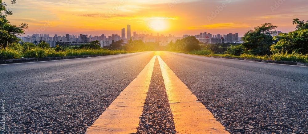 Poster scenic cityscape with a clear road in the foreground, ideal for a copy space image.