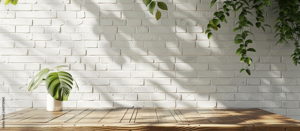 Aufkleber Mockup scene with empty copy space image on a wooden surface against a white brick wall background, illuminated by natural lighting for product presentation.