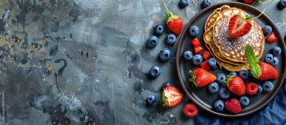 Aufkleber breakfast featuring blueberry and strawberry pancakes on a stone table backdrop with a spacious area