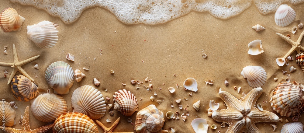 Aufkleber sandy beach backdrop with seashells and a summer vacation theme, perfect for adding text or images.