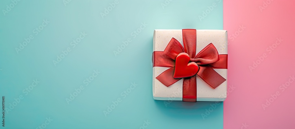 Poster A gift box with a red bow and heart on a colored background, shown in a perspective view for a flat lay presentation with copy space image.