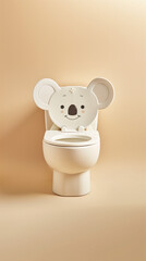 Novelty Kawaii loo with a cute koala bear face. Unusual bathroom marketing product decor idea. Neutral background with copy space.