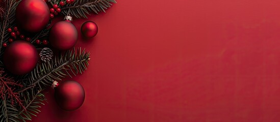 Red Christmas baubles decorating a frame with a red background in a minimal, elegant style. Top view with flat lay on a copy space image for a New Year card or Xmas postcard mockup.