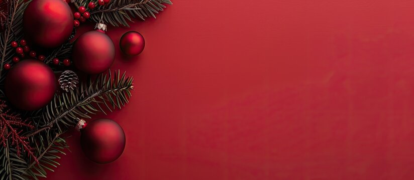 Red Christmas baubles decorating a frame with a red background in a minimal, elegant style. Top view with flat lay on a copy space image for a New Year card or Xmas postcard mockup.