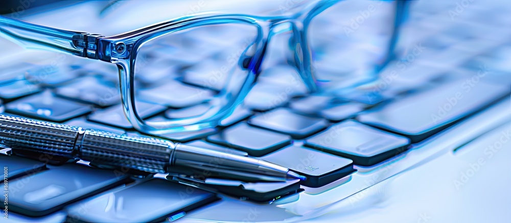 Poster Vision and technology concept illustrated with glasses placed on a keyboard next to a pen, against a copy space image.