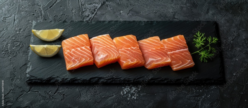 Poster Salmon fillet slices displayed on a black slate plate, providing space for additional image elements.