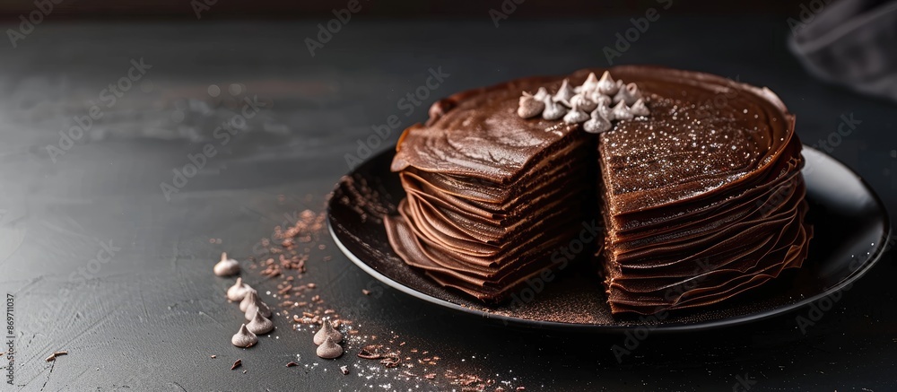 Poster Chocolate Crepe cake with a beautiful presentation and empty space for text or graphics to be added for a commercial or advertising purpose.