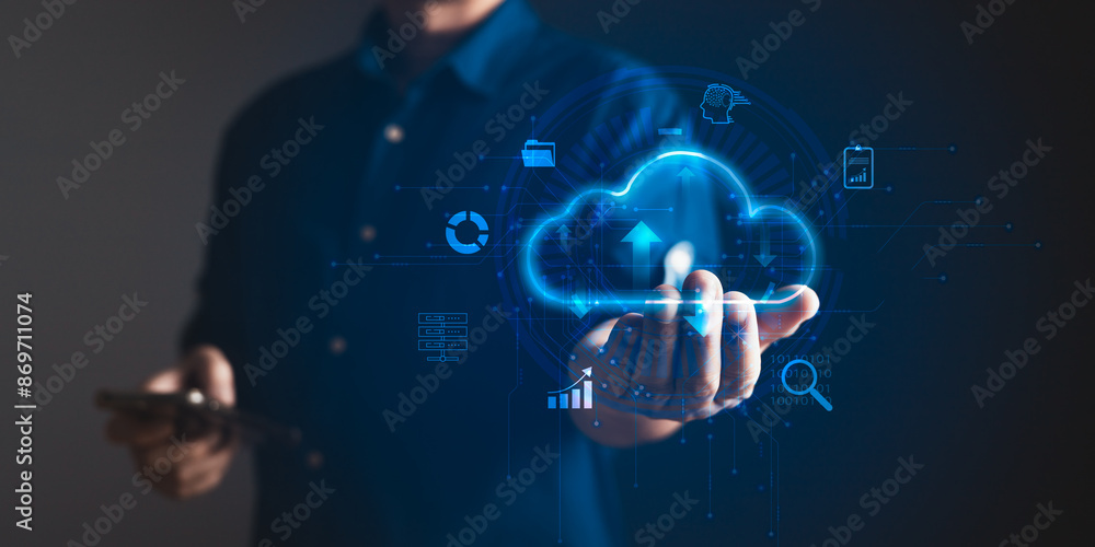 Aufkleber cloud computing diagram show on hand.data storage.the use of online digital network technology in bu