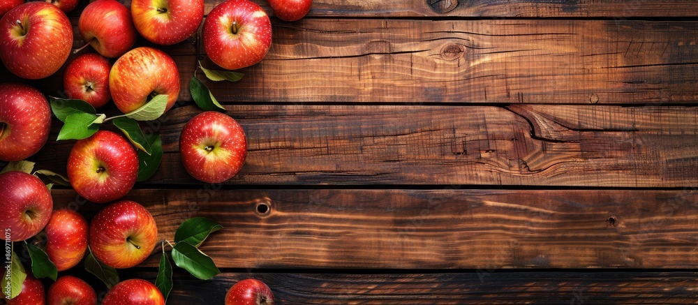 Aufkleber Wooden background covered with apples. Flat lay view from the top with copy space image.