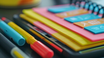 A detailed shot of a digital notebook screen with colorful tabs and icons at the top and crisp clean lines forming neat sections for notes and doodles.