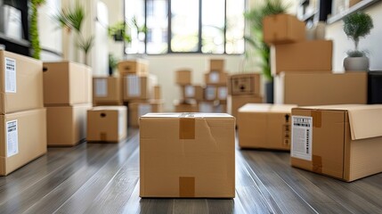 A room full of cardboard boxes with a single box in the foreground