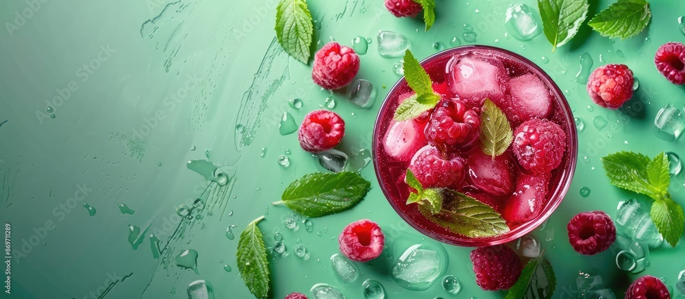 Aufkleber Refreshing summer drink made from raspberries set on a green background in a top-view copy space image.