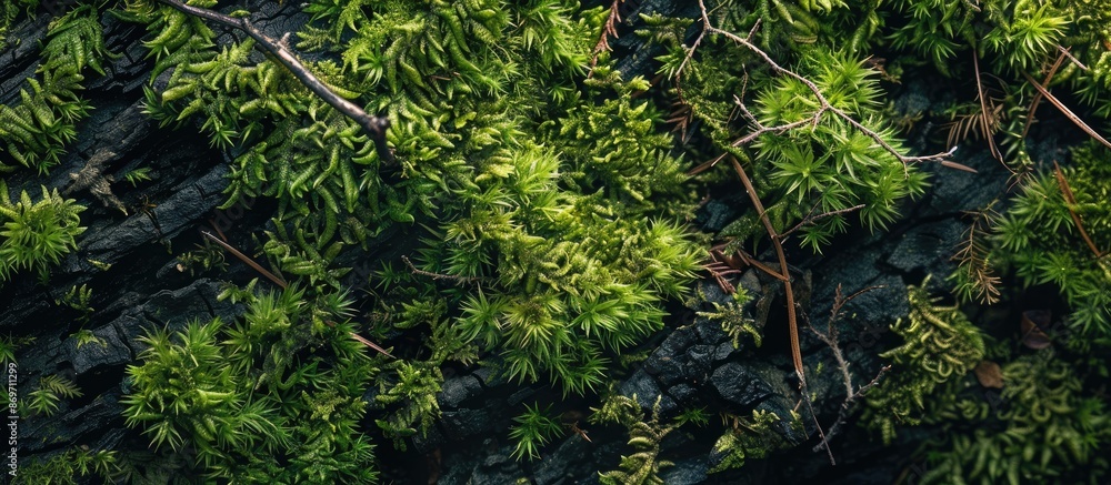 Poster Close up image showing moss and branches on a European forest ground, with copy space image.