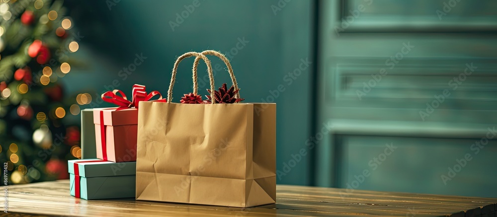 Fototapete a table displays a paper shopping bag with handles brimming with gift boxes, serving as a mock-up fo