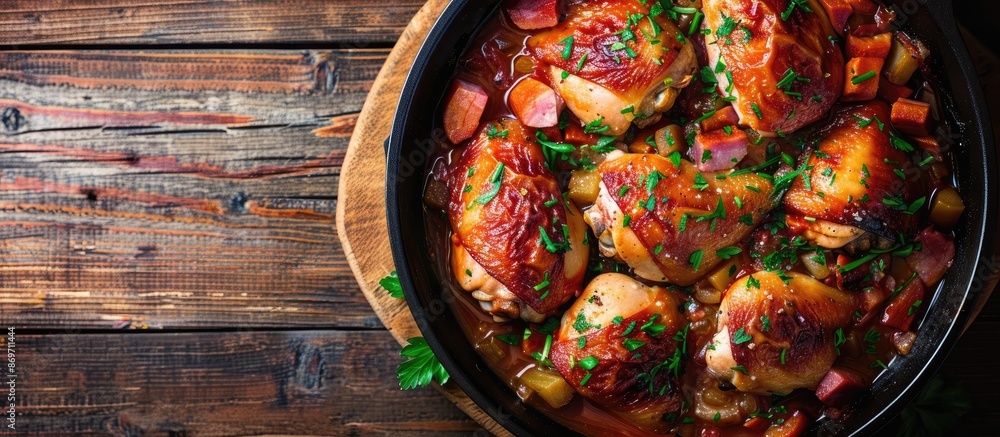 Poster Top view of chicken chilindron in a rich vegetable sauce with red wine and cured ham. Includes a copy space image.
