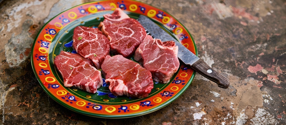 Leinwandbilder outdoor image showing raw meat and a kitchen knife arranged on a vibrant plate with a background sui