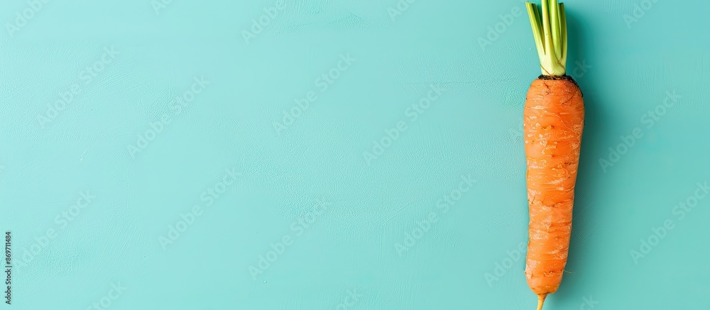 Poster Capture a detailed flat lay image showing a fresh raw carrot from above against a pastel backdrop, leaving space for text or other elements in the frame.